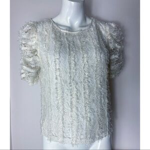 Everlynn Apparel Off White Lace Lined Short Sleeve Ruched Boxy Blouse Top Small